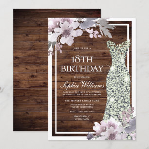 Invitation Robe de Diamant Floral Violet Rustique 18e anniver