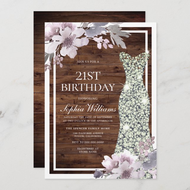 Invitation Robe de Diamant Floral Violet Rustique 21e anniver (Devant / Derrière)