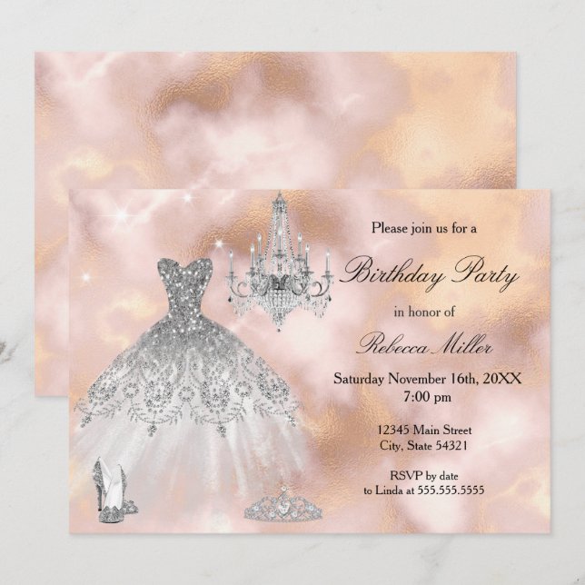 Invitation Robe de fête d'anniversaire beige rose marbre blan (Devant / Derrière)