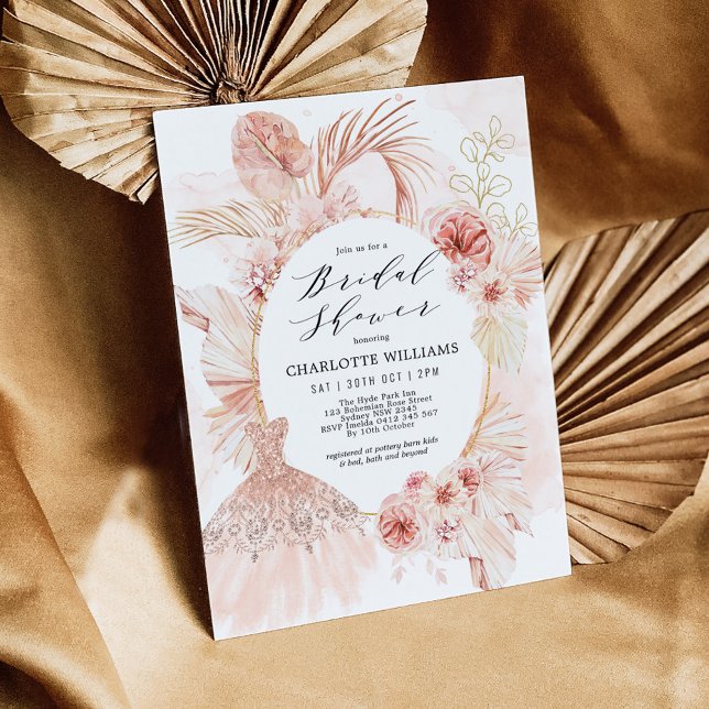 Invitation Robe de Fête des mariées en laiton Boho Blush Flor (Créateur téléchargé)