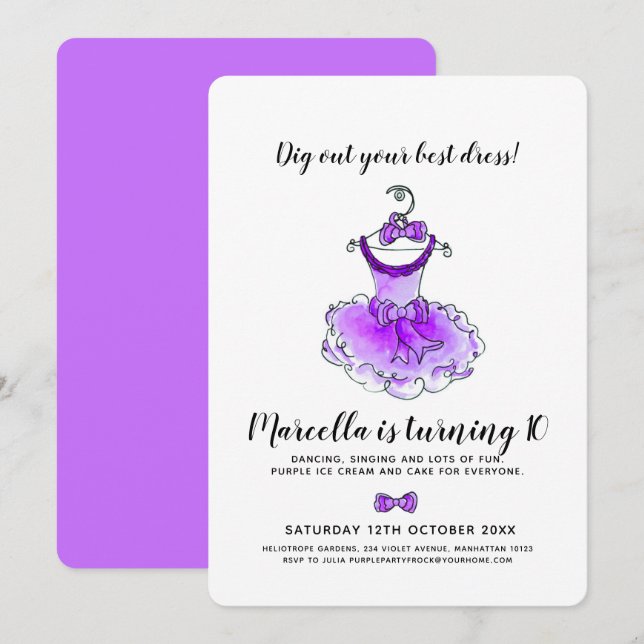 Invitation Robe de fête violette filles 10e anniversaire fête (Devant / Derrière)