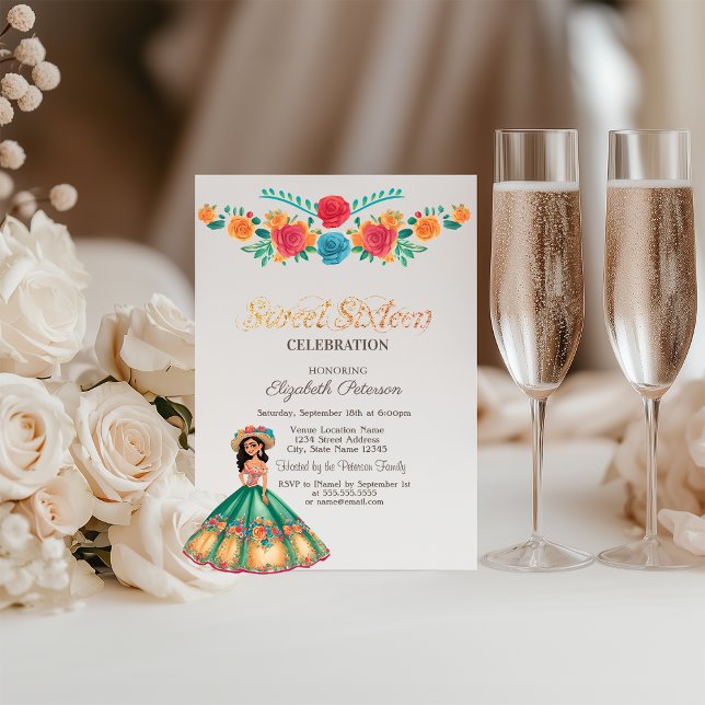 Invitation Robe de Fiesta Mexicaine Fleurs Sweet 16 (Créateur téléchargé)