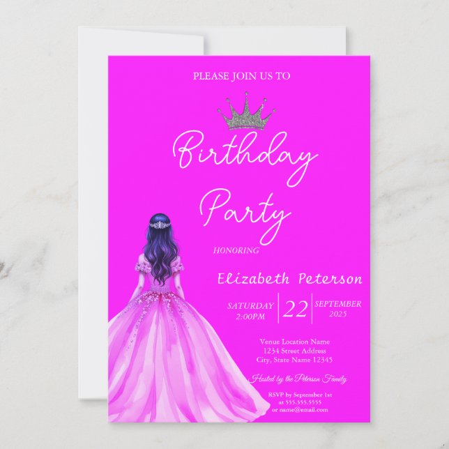 Invitation Robe de fille Couronne de paillettes chic Rose Néo (Devant)