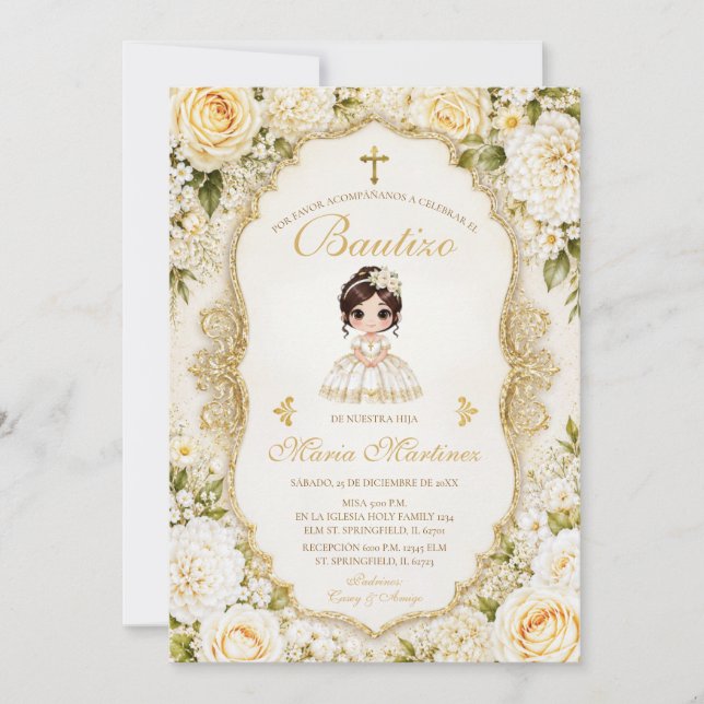 Invitation Robe de fille mexicaine espagnole Fiesta or Bautiz (Devant)