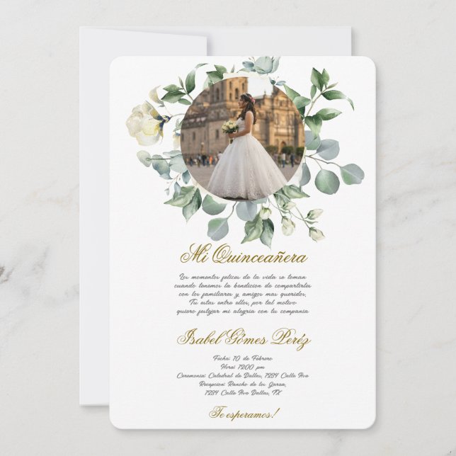 Invitation Robe de fleur blanche Quinceanera avec image  (Devant)