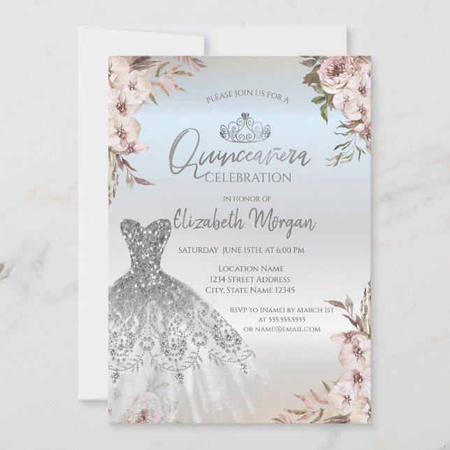 Invitation Robe de fleurs boho argentée pour Quinceanera (Devant)