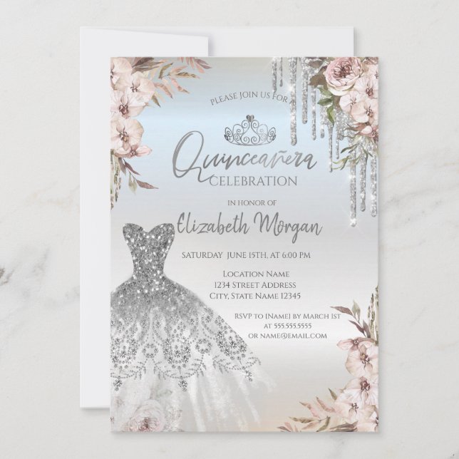Invitation Robe de fleurs boho gouttes d'argent Quinceanera (Devant)