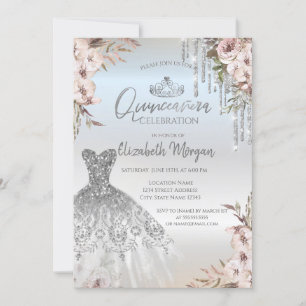 Invitation Robe de fleurs boho gouttes d'argent Quinceanera