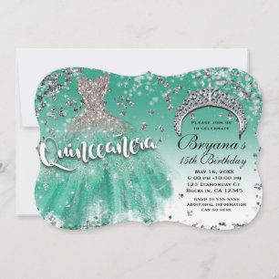 Invitation Robe de Glamour Pailletée Argent Sarcelle Quinceañ