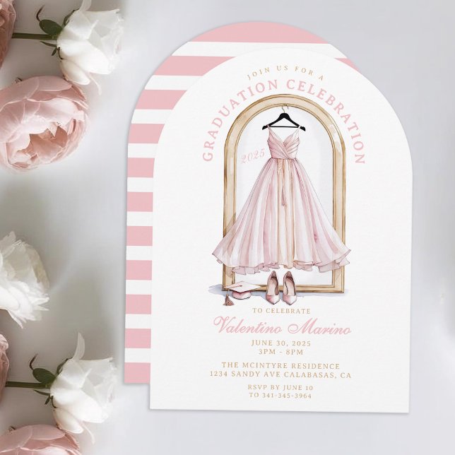 Invitation Robe de graduation rose élégante et fantaisiste (Elegant Pink Dress and Graduation Cap with heels. Elegant Pink Graduation Invitation)
