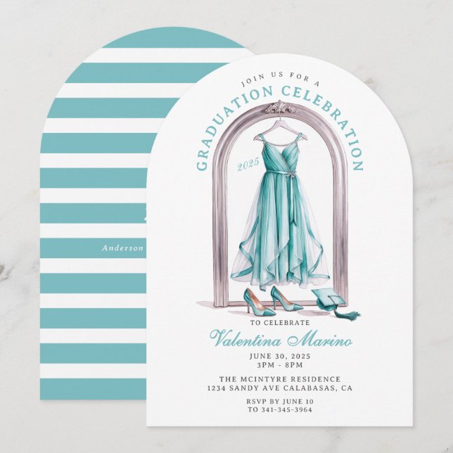 Invitation Robe de graduation sarcelle élégante et fantaisist (Devant / Derrière)