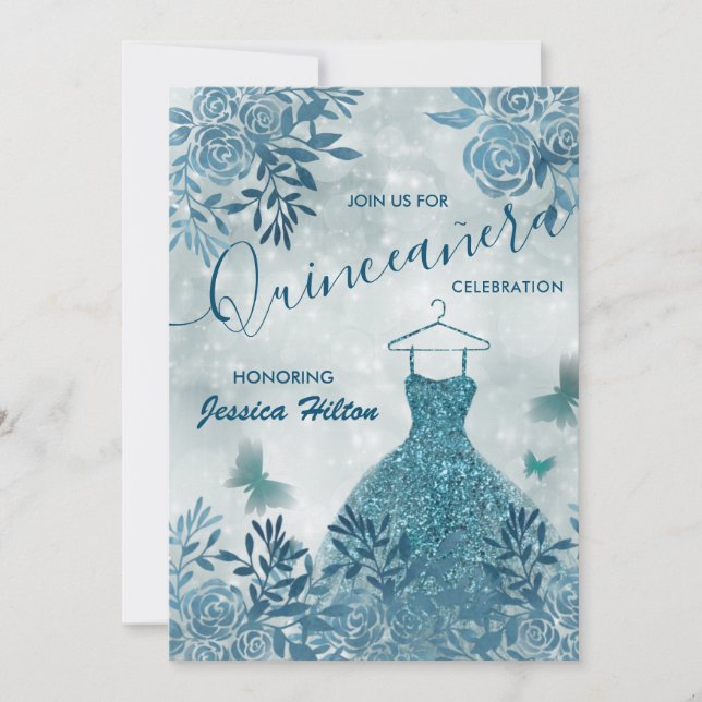 Invitation Robe de jardin fleuri Papillon bleu Quinceañera (Devant)