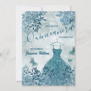 Invitation Robe de jardin fleuri Papillon bleu Quinceañera