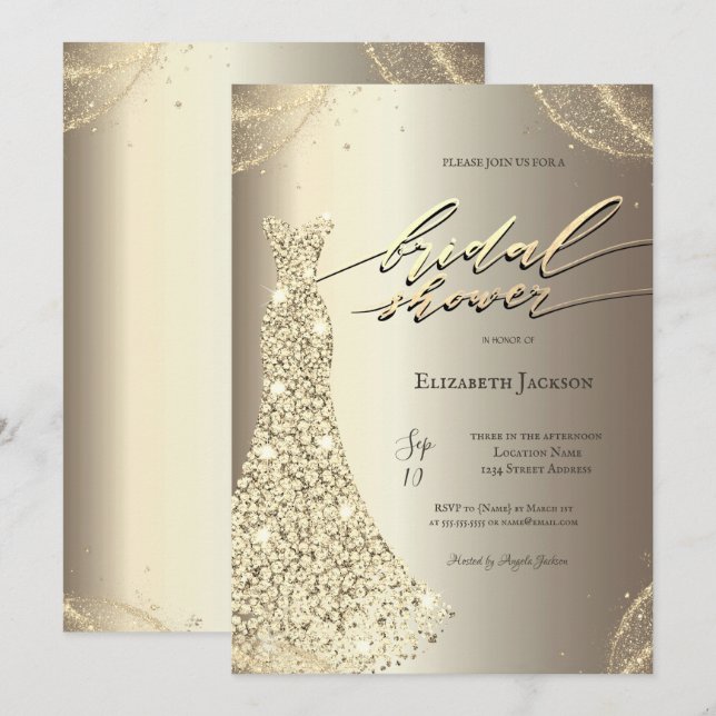 Invitation Robe de luxe élégante dorée pour une douche nuptia (Devant / Derrière)
