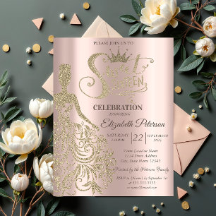 Invitation Robe de Luxe Paillettes Or Rose Gold Sweet 16