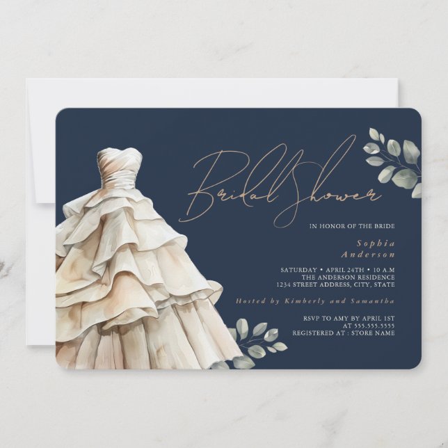 Invitation  Robe de mariage Navy Beige Feuillage Bridal Showe (Devant)