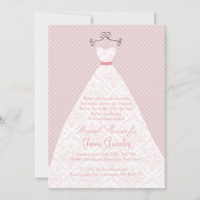 Invitation Robe de mariage, roses, pois rose (Devant)
