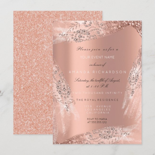 Invitation Robe de mariée 16e douce Rose Péché Paillettes de  (Devant / Derrière)