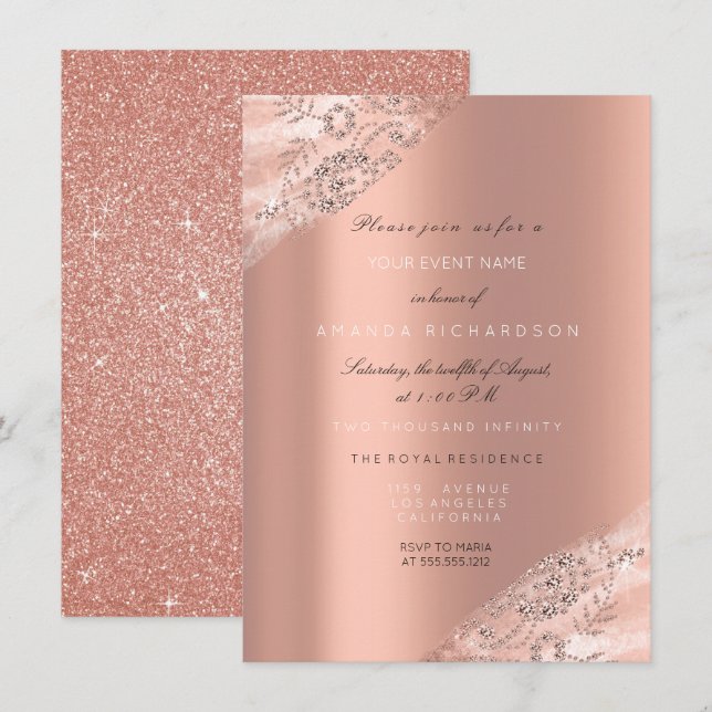 Invitation Robe de mariée 16e douce Rose pêche Paillettes sci (Devant / Derrière)