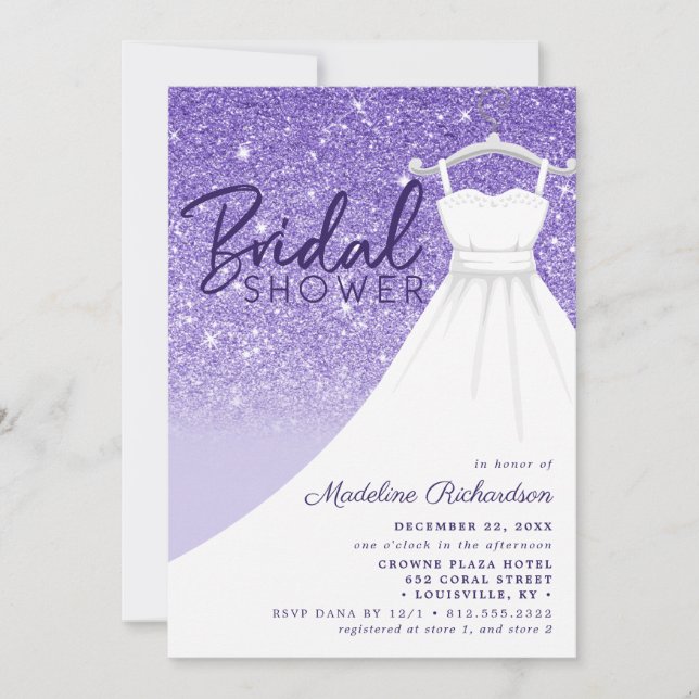 Invitation Robe de mariée à paillettes violettes Chic douche  (Devant)