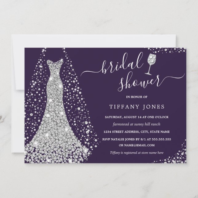 Invitation Robe de mariée argent violet Bridal Shower (Devant)