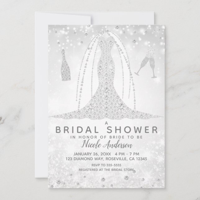 Invitation Robe de mariée blanche à paillettes diamant Shower (Devant)