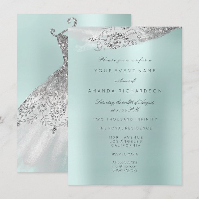 Invitation Robe de mariée blanche douce 16ème Aqua Bleu (Devant / Derrière)