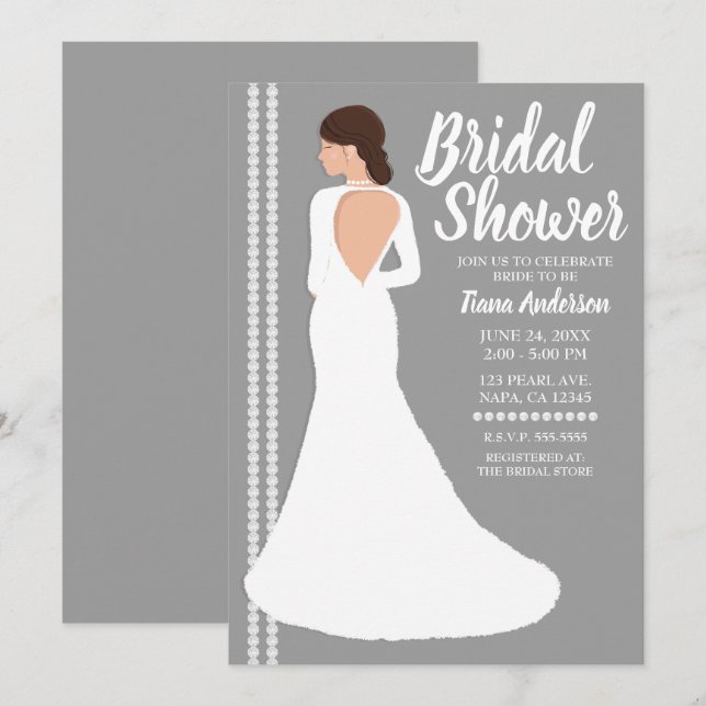 Invitation Robe de mariée blanche moderne bling douche de mar (Devant / Derrière)