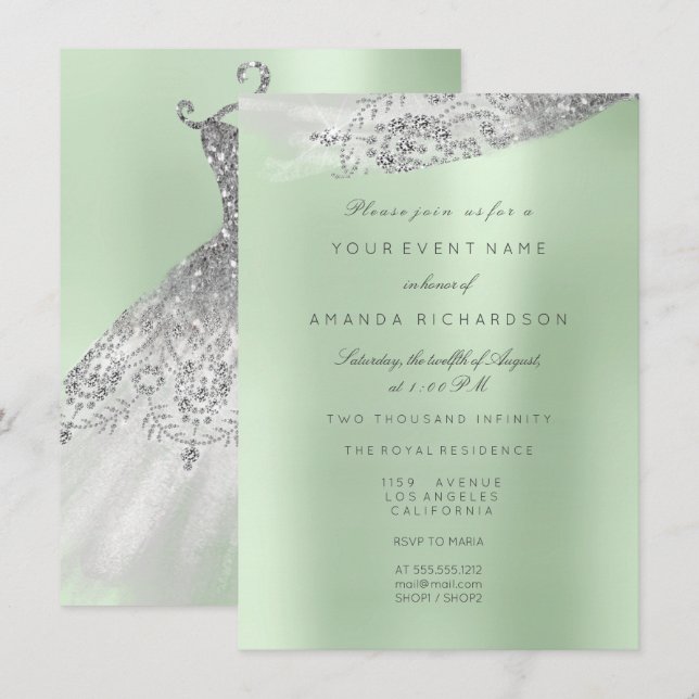 Invitation Robe de mariée blanche sucrée 16ème vert menthe (Devant / Derrière)