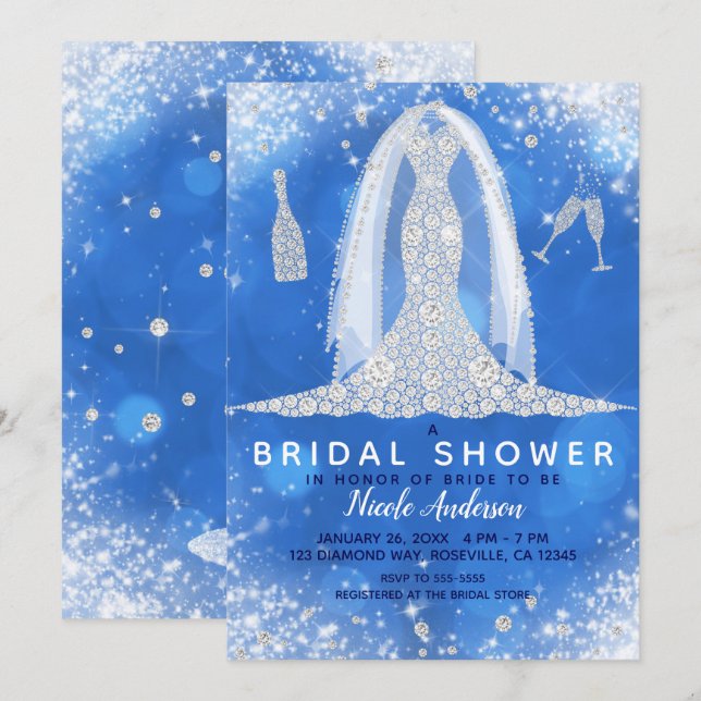 Invitation Robe de Mariée Blue Sparkle Diamond Shower Nuptial (Devant / Derrière)