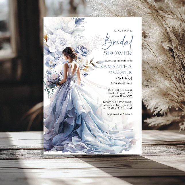 Invitation Robe de mariée Boho bleu poussiéreux à fleurs euca (Boho dusty blue floral eucalyptus bridal dress invitation)
