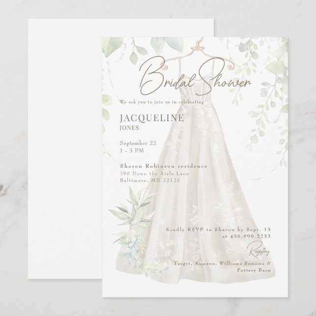 Invitation Robe de mariée botanique blanche Bridal Shower II (Devant / Derrière)