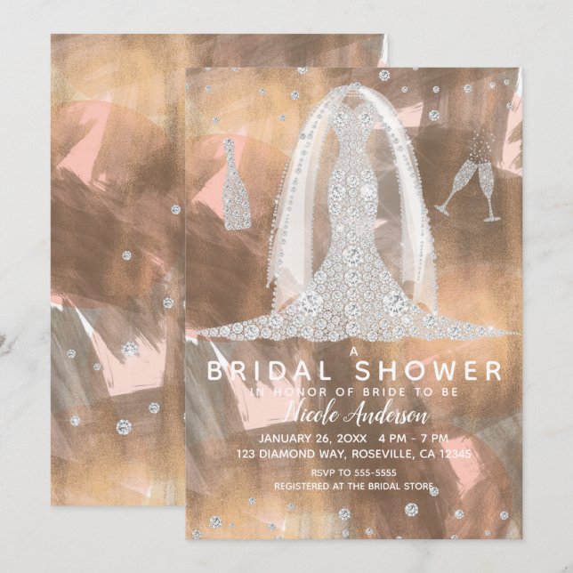 Invitation Robe de mariée Bronze de pêche Diamant Mariage Cad (Devant / Derrière)