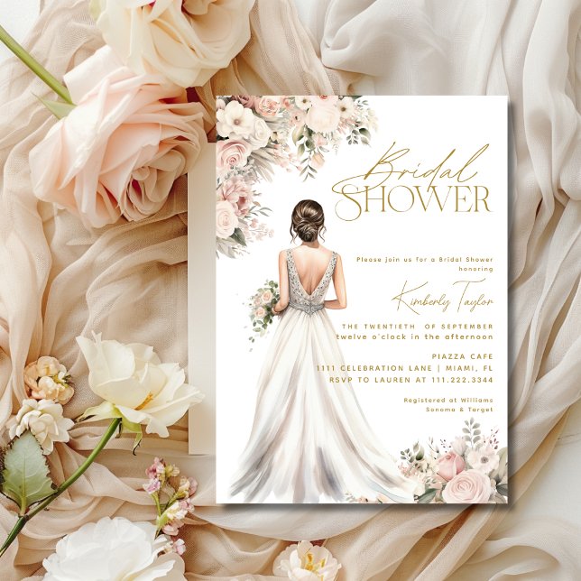 Invitation Robe de mariée Brunette Floral Shower de mariage (Wedding Dress Gown Brunette Floral Bridal Shower Invitation)