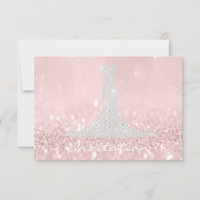 Invitation Robe de mariée Cristaux Diamant Rose Gris Paillett (Devant)