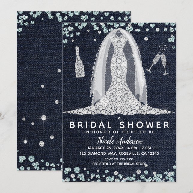 Invitation Robe de mariée Denim & Diamonds Shower de mariage  (Devant / Derrière)