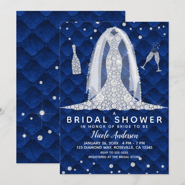 Invitation Robe de Mariée Diamant Bleu Royal Baby Shower (Devant / Derrière)
