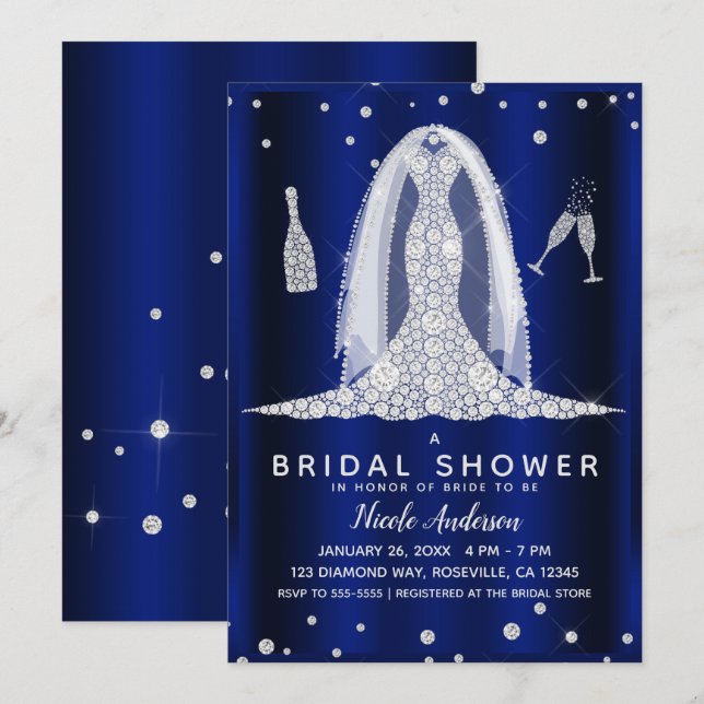 Invitation Robe de Mariée Diamant Blue Shine Cadeau de Fiança (Devant / Derrière)