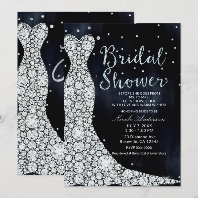 Invitation Robe de mariée diamant moderne bleu douche de mari (Devant / Derrière)