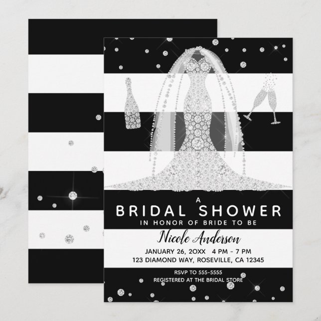 Invitation Robe de mariée diamant noir blanc Cadeau de mariag (Devant / Derrière)