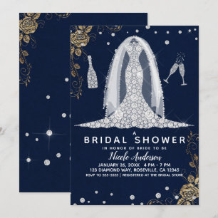 Invitation Robe de Mariée Diamant Rose Or Tulle Bleu Mariage