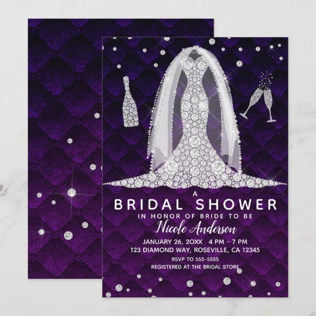 Invitation Robe de mariée diamant royal violet douche de mari (Devant / Derrière)