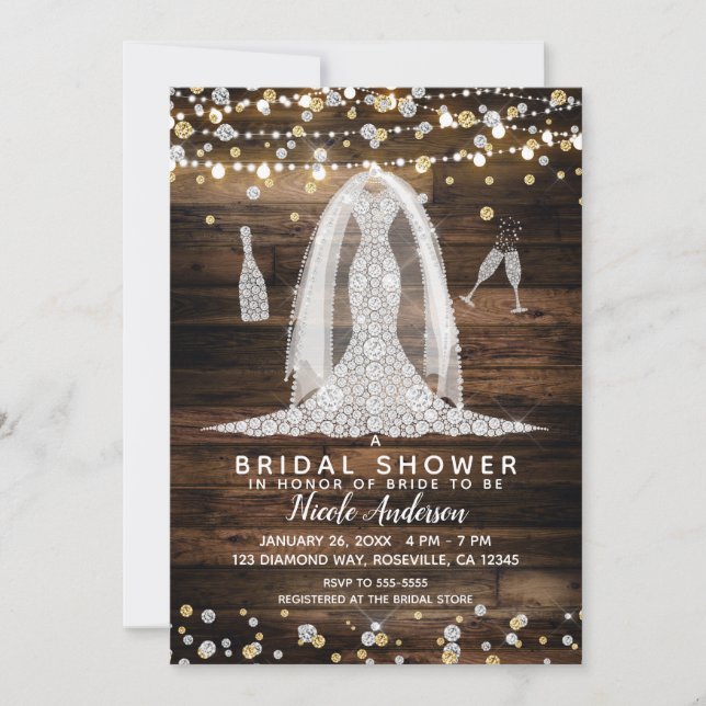 Invitation Robe de mariée diamant Wood & Lights Shower de mar (Devant)