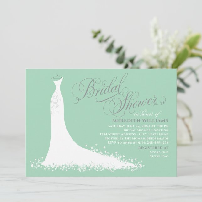 Invitation Robe de Mariée Élégante Menthe Argent Shower de Ma (Debout devant)