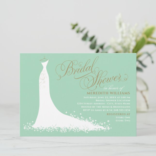 Invitation Robe de Mariée Élégante Menthe et Or Shower de Mar (Debout devant)