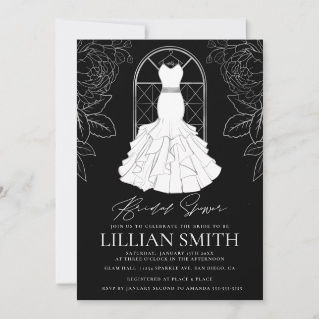 Invitation Robe de mariée élégante noire et argentée pour la  (Devant)