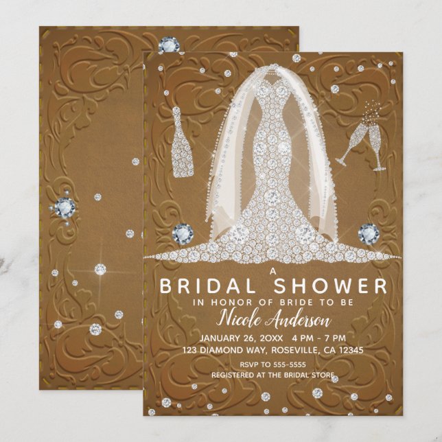 Invitation Robe de mariée en cuir marron avec diamants Cadeau (Devant / Derrière)