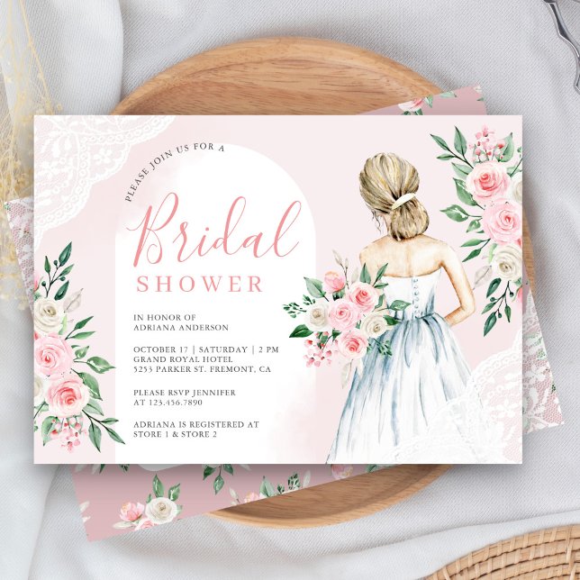 Invitation Robe de mariée en dentelle blanche avec fleurs ros (Créateur téléchargé)