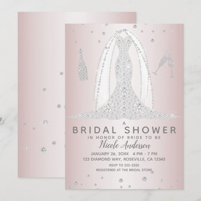 Invitation Robe de Mariée en Diamant Rose Blush pour la Fête  (Devant / Derrière)