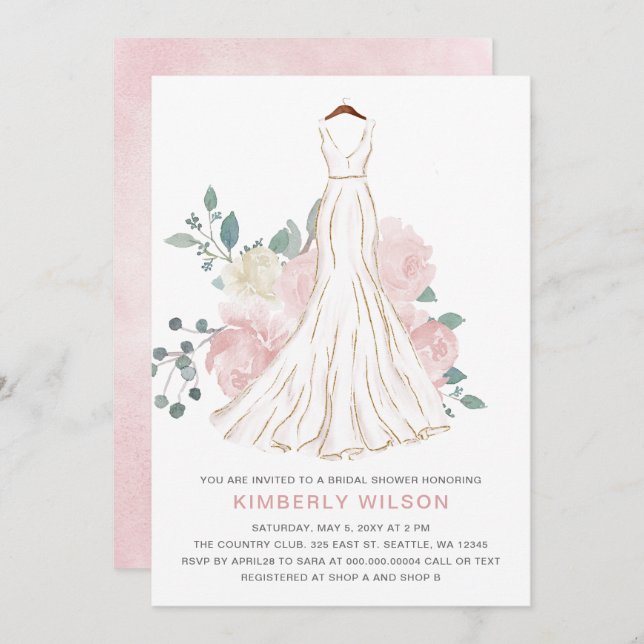 Invitation Robe de Mariée Fleurie Rose Pâle pour Enterrement  (Devant / Derrière)